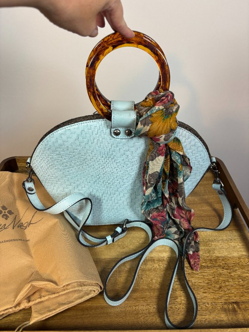 Patricia Nash Meldola Light Blue Leather Dome Satchel w/ Scarf
